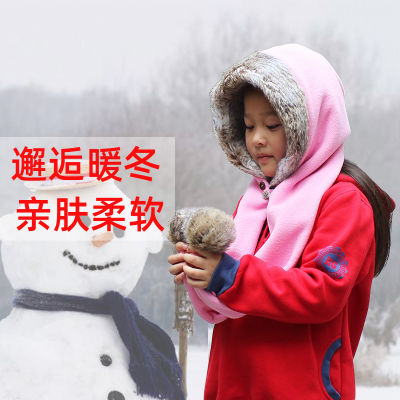 【cw】 Childrens Double Ball Scarf Hat Polar Fleece Thickened Warm Hat Scarf Integrated Big Fur Collar Winter Hat Little Red Riding Hood Customization ！