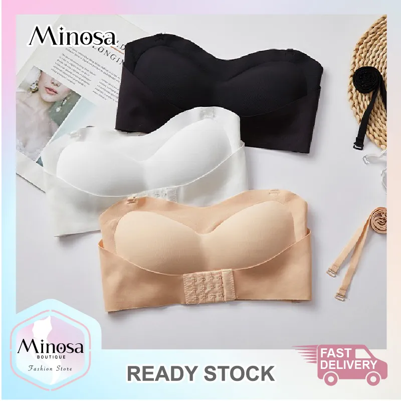 MINOSA Women Wireless Front Button Ice Silk Seamless Strapless Push Up Sexy  Tube Bra 32/70-38/85 (Black/White/Skin)