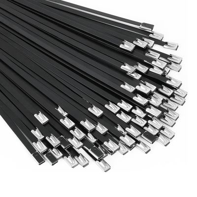 100Pcs Metal Zip Ties Epoxy Coated Cable Tie Black Cable Tie 11.8 Inch 304 Stainless Steel for Machinery, Vehicles, Farms, Cables