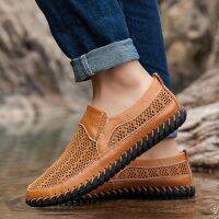 【CW】 New Leather Men Loafers Breathable Mesh Shoes Soft Fashion Beach Sandals Male A2398