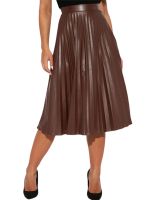 Women s Pleated Faux Leather Midi Skirt with Belted High Waist and Side Zipper Closure - Elegant Solid Color A-Line Maxi Skirt