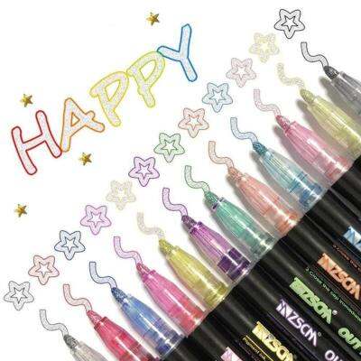 New 12PCSSet Double Line Pen Metallic Color Magic Outline Marker Pen Glitter for Drawing Painting Doodling School Art Supplies