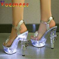 Voesnees Ultra-heeled Sandals LED Glowing Platform Women Shoes Sexy Rhinestones Pistol High Heels Female Stiletto Wedding Shoes