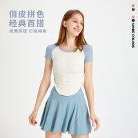 2023 ❡✷ European and American cloud-sense color-blocked pleated yoga clothes short-sleeved versatile nude slim-fitting sports tops fitness T-shirts for women