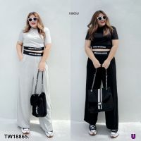 J18865 set #Bigsize 2 ชิ้น เสื้อครอปแขนสั้น แต่งขอบยาง + กางเกงขายาว set 2 pieces, crop top with rubber trim + long pants