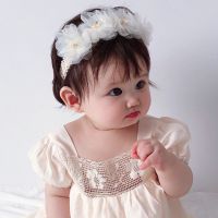 【YF】 Korean Style White Chiffon Flowers Headband Baby Girls Hair Accessories Little Princess Flower Headwrap Newborn Lace Turban