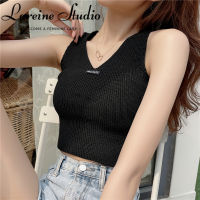 LAREINE เสื้อแขนกุดถักคอวีแขนกุด,เสื้อกั๊กถักขนาดเล็กสำหรับผู้หญิง