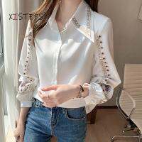 2021Embroidered Women Shirt High Quality Female Elegant Blouses Ladies Work Wear Shirts White Beige Floral Clothings Chiffon Tops