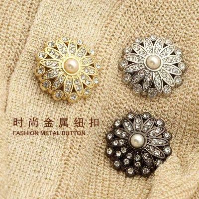 6Pcs 3D Flower Pearl Diamond Rhinestone Metal Buttons Retro Gold Women 39;s Dress Coat Sewing Round Button
