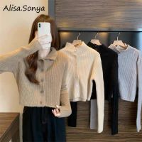 Alisa.sonya เสื้อสเวตเตอร์เสื้อกันหนาวไหมพรมแขนยาวคอปกของผู้หญิง