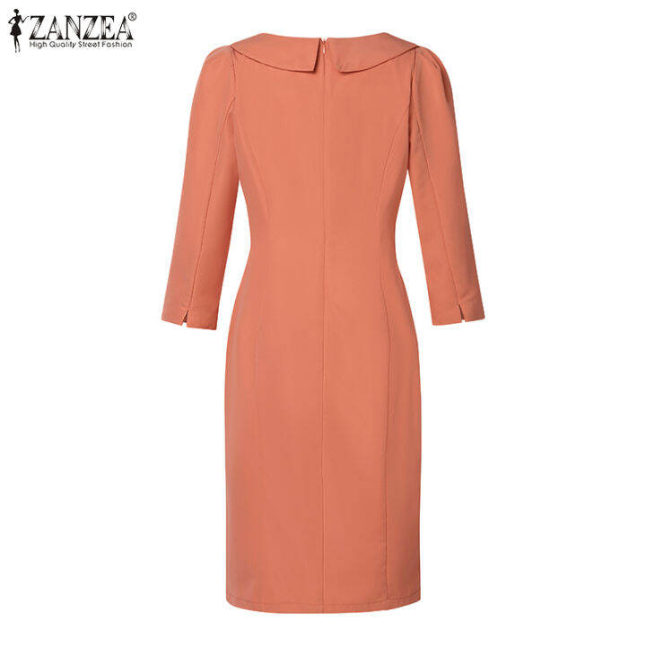 สินค้ามาใหม่-จัดส่งฟรี-fancystyle-zanzea-ชุดซันเดรสสไตล์เกาหลีของผู้หญิงเที่ยวกลางคืนชุดเดรสผ่าหรูหราแขน3-4ชุดเดรสมิดีเรียบ-11