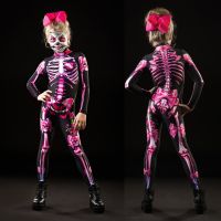 Adult Kid Mother Daughter Halloween Skeleton Cosplay Jumpsuit Pink Rose Women Sexy Skull Scary Costume Girl 3D Print Bodysuit