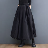 Black Vintage High Waist Pleated Skirt Women Plus Size Fashion Drawstring Loose Casual Midi Skirts Clothes Autumn Winter