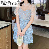 Vintage Blue Lace ชุดผู้หญิง2023ฤดูร้อนสูงเอว Mini Vestidos Lady Runway Self Elegant Party Ridesmaid ชุด Woman