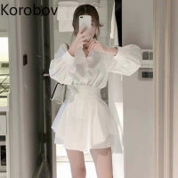 Korobov Women Korean Beach Style Suits Long Sleeve OL Sashes Lacing Bow Blouses + Shorts Women 2 Piece Set Outfits 78358