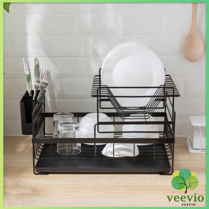 veevio-ที่คว่ำจาน-พร้อมถาดเก็บน้ำ-ชั้นเก็บ-ชั้นเก็บของบนโต๊ะอาหาร-จัดระเบียบ-double-drain-dish-rack-มีสินค้าพร้อมส่ง