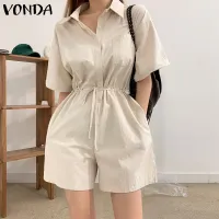 VONDA Women Summer Short Sleeve Lapel Button Up Playsuits Short Jumpsuits (Korean Causal)