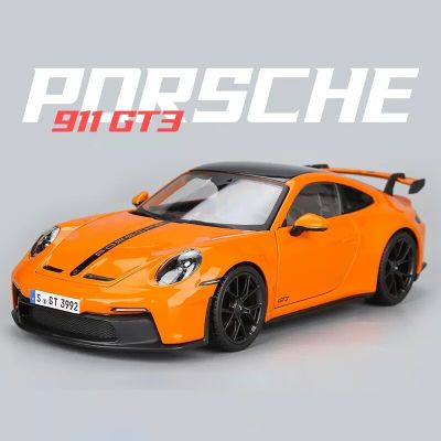 Maisto 1:18ลายทางสีส้ม2022พอร์เชอ911 GT3แข่งรถรุ่นรถโลหะผสมหล่อขึ้นรูปอาร์ตเดคโคของเล่นแบบชุดสะสมของขวัญ