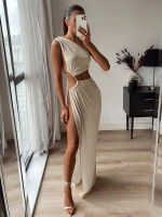 y Summer One Shoulder High Split Maxi Dresses for Women Elegant Fashion Chains Cut Out Bodycon Club Party Long Dress Clothes