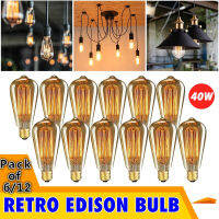 6Pcs/12Pcs E27 ST64 40W LEDย้อนยุควินเทจเอดิสันหลอดไฟหลอดไฟแบบหรี่ได้อุตสาหกรรมอบอุ่นเส้นใยขาว2200Kแท่นตกแต่งบ้านคริสต์มาส