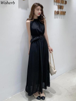 Woherb เซ็กซี่ชุดชีฟองผู้หญิงฤดูร้อน2023 Halter ชุดเดรสเกาหลี Chic Slim เอว Vestidos Maxi Beach Office Robe