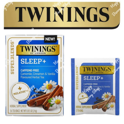 ⭐ Twinings ⭐Superblends Sleep+Melatonin Herbal Tea ชาทไวนิงส์ ไม่มีคาเฟอีน ชาสมุนไพรสูตรเพื่อสุขภาพ Superblends Collection แบบกล่อง16ซอง ชาอังกฤษ นำเข้าจากต่างประเทศ