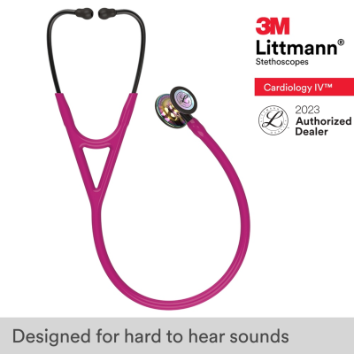 3M Littmann Cardiology IV Stethoscope, 27 inch, #6241 (Raspberry Tube, High Polish Rainbow Chestpiece, Black Stem and Black Eartubes)