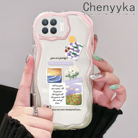 เคส Chenyyka สำหรับ A93 OPPO 2020 F17 Pro Reno 4F Reno 4 Lite เคสแฟชั่นลายดอกเชอร์รี่ดีไซน์ใหม่เนื้อครีมลายคลื่นปลอกโปร่งใสลายกล้องถ่ายรูปเคสมือถืออ่อนโยนป้องกันอย่างเรียบง่าย