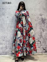 XITAO Dress Vintage Long Sleeve Loose Floral Print Dress