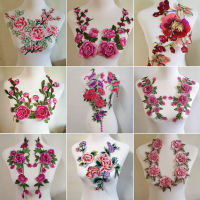 ดอกไม้สีชมพู Applique เย็บปักถักร้อยเย็บบนแพทช์ลูกไม้ซ่อมแซม DIY-Piejt