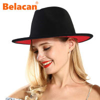 Women Fedora Hats Black Red Patchwork Wool Felt Men Jazz Hat Uni Panama Style Wide Brim Party Trilby Cowboy Dress Wedding Cap