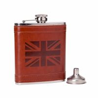 7OZ UK style stainless steel leather wrapped hip flask with free funnel