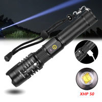 ไฟฉาย Super ที่มีประสิทธิภาพไฟฉาย LED XHP50 Zoomable Handlamp ไฟฉายกันน้ำยูเอสบีชาร์จได้ Ultra หลอดไฟสว่างไสวสำหรับตั้งแคมป์และล่าสัตว์