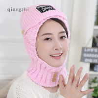 QZH หมวกเสื้อถักไหมพรม3 In 1สำหรับผู้หญิงหญิงสาวชุดผ้าพันคอทรงกลมถักที่ครอบปากชุดหน้ากากปิดหน้าหมวกผ้าพันคอถักสำหรับสกีขี่จักรยานตั้งแคมป์