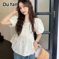 Du Yan เสื้อเสื้อเชิ้ตลายดอกแขนพองคอสี่เหลี่ยม,เสื้อผู้หญิงแขนสั้นน่ารักทรงหลวม