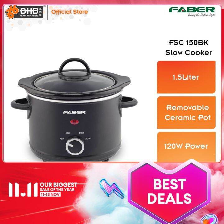 Faber 1.5L Stainless Steel Slow Cooker with Removable Ceramic Inner Pot ...