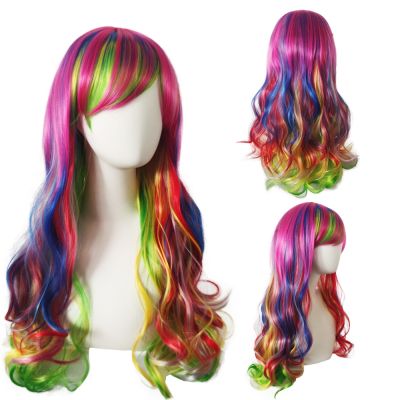 Europe and the United States amazon Cosplay anime wigs rainbow net 7 colour harajuku gradient inclined bang curly hair wig