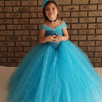 Baby Girls Glitter Blue Princess Tutu Dress Kids Crochet Tulle Elsa Dress Ball Gown With Hairbow Children Birthday Party Dresses