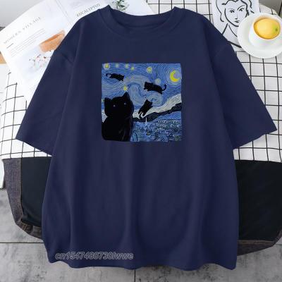 Van Gogh Starry Night Cat In The Painting Female/Male T-Shirt Plus Size Tops Style Tee Shirts Round Neck Men/Women T Shirts