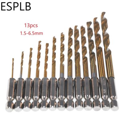 HH-DDPJ13pcs/set 1.5-6.5mm 1/4 Hex Shank Hss High Speed Steel Titanium Coated Drill Bit Set