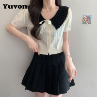 Yuvon คาร์ดิแกนเสื้อถักนิตติ้งแขนสั้นสำหรับผู้หญิงกลวงคอตุ๊กตาแขนสั้นฤดูร้อน2023เสื้อถัก