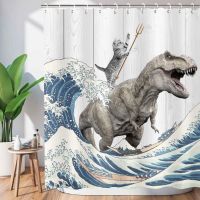 Funny Cat Riding Dinosaur Shower Curtains Sea Waves Cute Animals Kids Bath Curtain Polyester Fabric Bathroom Decor with Hooks