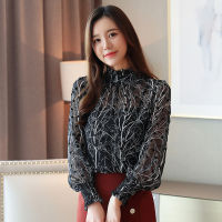 2021 Women Chiffon Blouses Casual Stand Collar Floral Women Clothing Long Sleeve Printed Shirt Women Tops Chemise Femme 6197 50