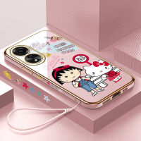 GGK สำหรับ OPPO A78 4G ฟรีสายคล้องการ์ตูน Chibi Maruko-Chan Kity แมวเด็กผู้หญิงปลอกลวดลายขอบสี่เหลี่ยมเคสโทรศัพท์เด็กผู้หญิงชุบหรูหราเคสโทรศัพท์นิ่ม