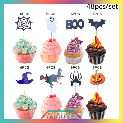 GJCUTE 48pcs ฮาโลวีนคัพเค้กตกแต่งการ์ตูนผีแม่มด Boo เค้ก Topper เด็กโปรดปรานถ้วยเค้ก Topper Happy Halloween PARTY Supplies