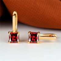 Red Zircon Square Stone Earrings Multicolor Crystal Hoop Earrings Antique Gold Color Engagement Earrings For Women Bride Jewelry