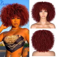 Short Hair Afro Kinky Curly Wig With Bangs Loose Synthetic Cosplay Fluffy Natural Wigs For Black Women Dark Brown 10"GEMBON Wig  Hair Extensions Pads