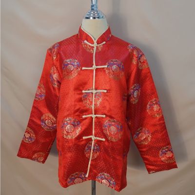 เสื้อจีนชายสีแดงลายเหรียญสี ลายมังกร เสื้อจีนผู้ชายแขนยาว เสื้อตรุษจีน
