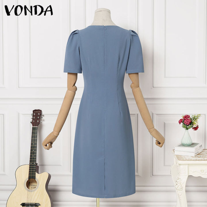 จัดส่งฟรี-fancystyle-vonda-ผู้หญิงธุรกิจชุดเดรสคอวีสง่างามแบบลำลองแขนสั้นจีบรอบชุดเดรสมิดี