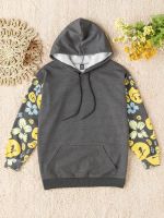 Womens casual ladies comfort plus size sweatshirt Plus Floral &amp; Expression Print Kangaroo Pocket Drawstring Thermal Hoodie Leisure Perfect Comfortable Eye-catching ( Color : Dark Grey , Size : X-Larg